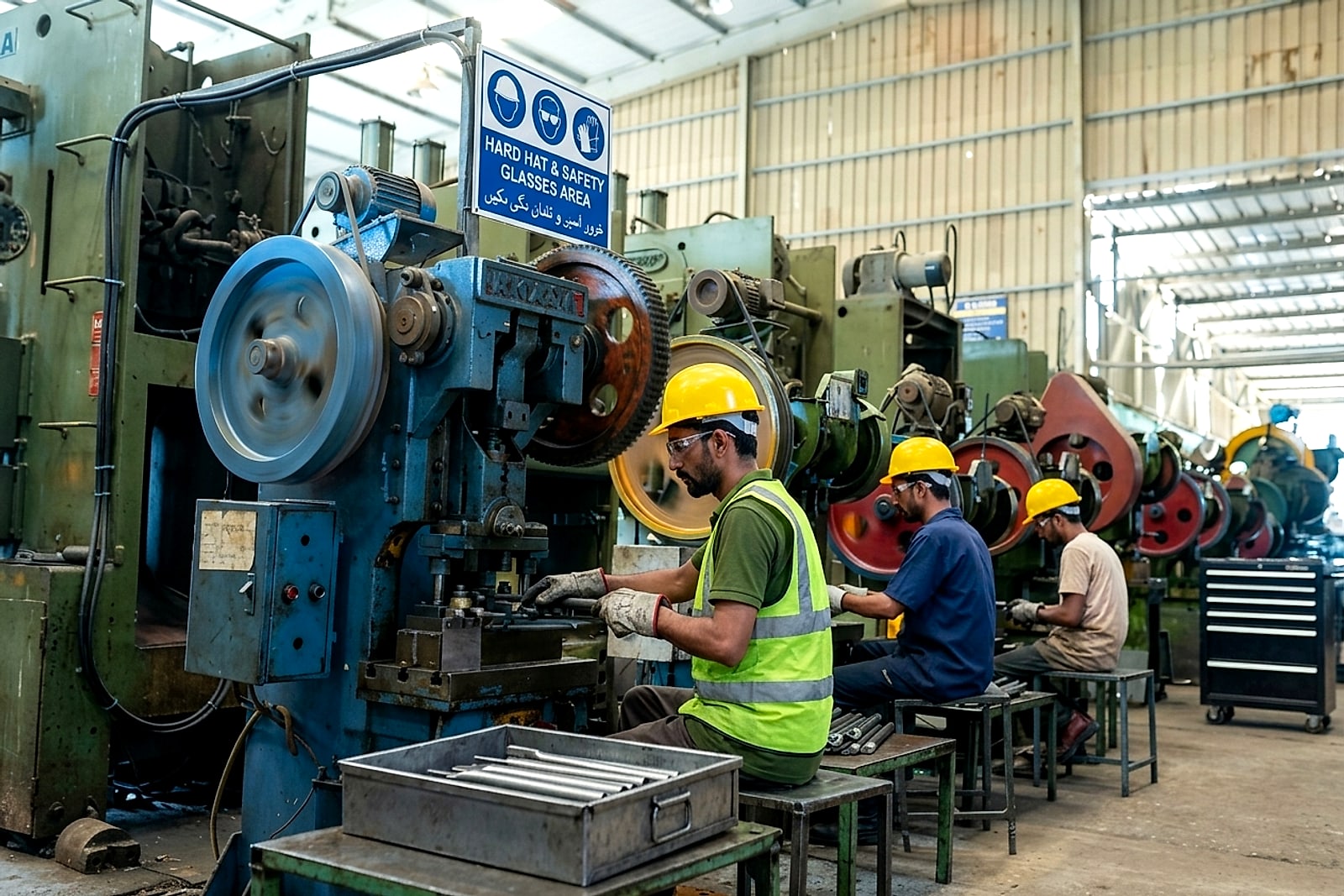 Operators in hard hats and safety vests running a line of mechanical power presses in the SAPL press shop