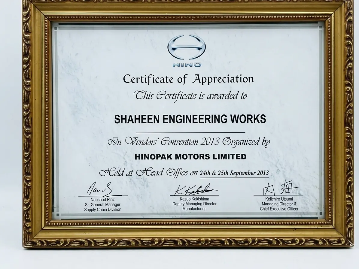 Certificate of Appreciation, Hinopak Motors Ltd., Vendors' Convention, 24-25 September 2013