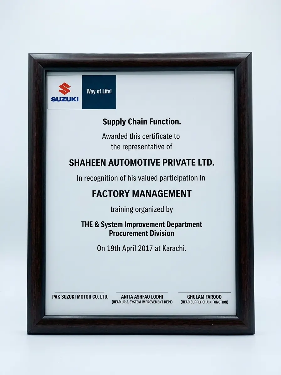 Pak Suzuki certificate awarded to Shaheen Automotive for participation in factory management training, April 2017