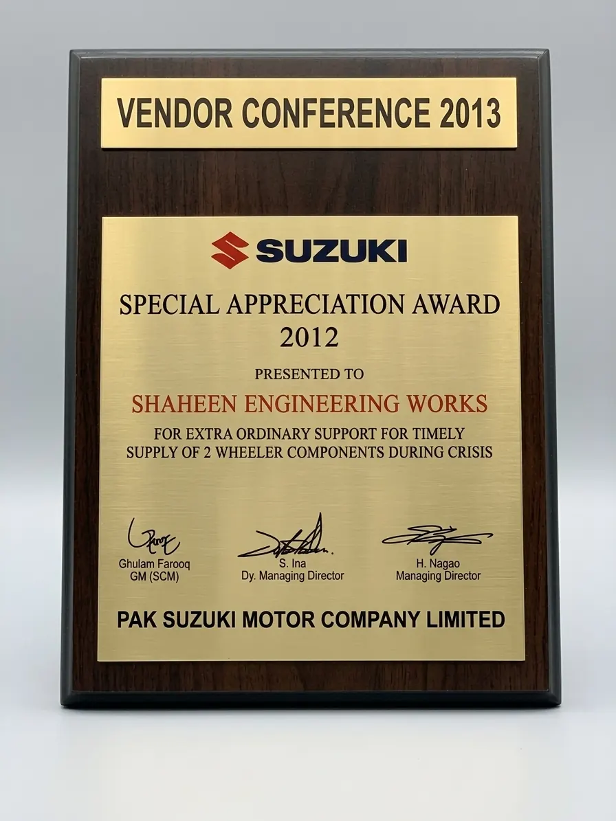 Special Appreciation Award, Pak Suzuki Motor Co. Ltd., for timely supply of 2-wheeler components during crisis
