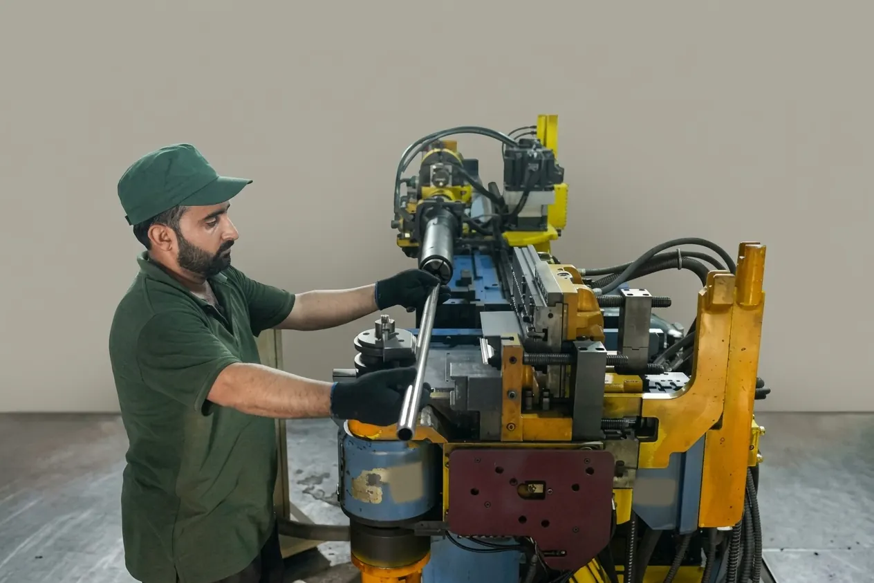 Operator in a green cap and gloves loading a steel tube into a CNC pipe bending machine