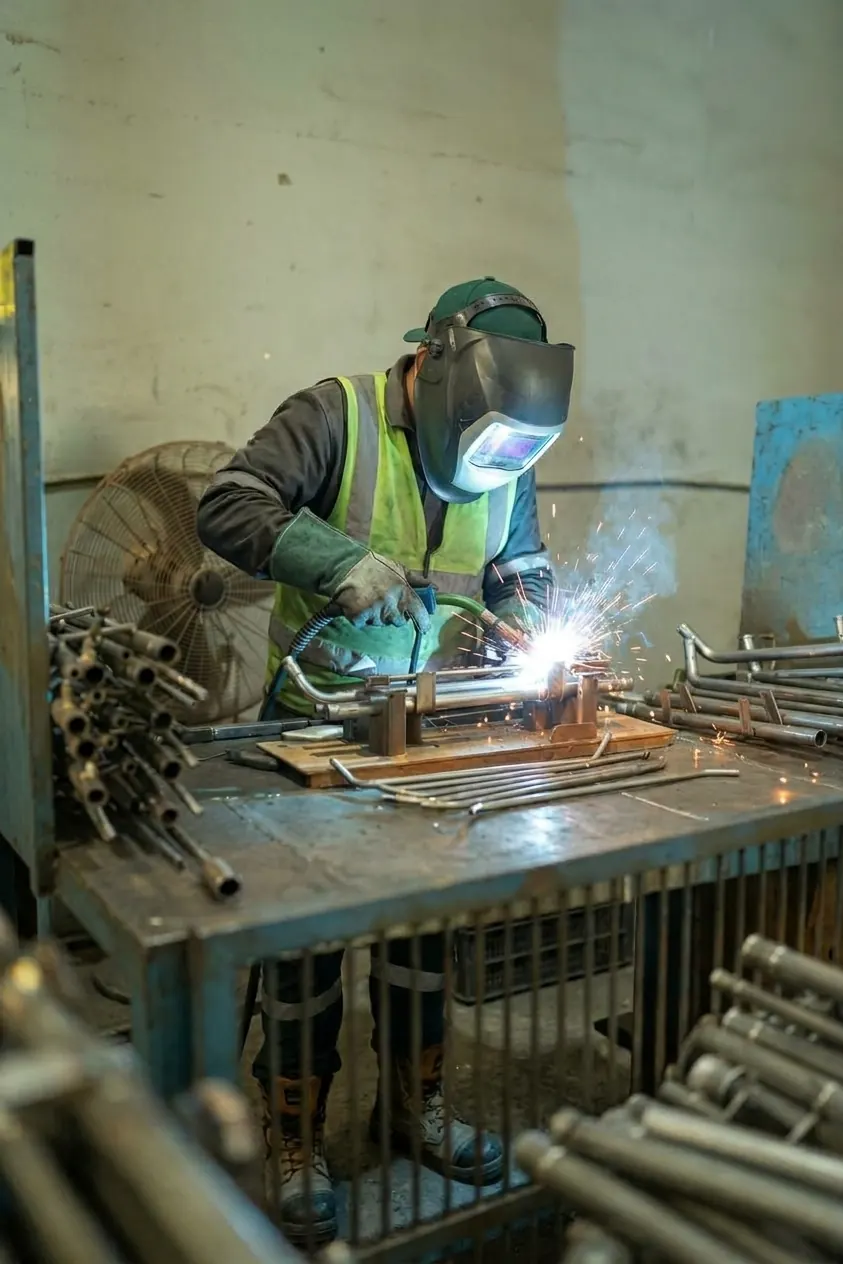 Welder in a hi-vis vest and welding helmet MIG welding a pipe assembly on a bench fixture, sparks flying