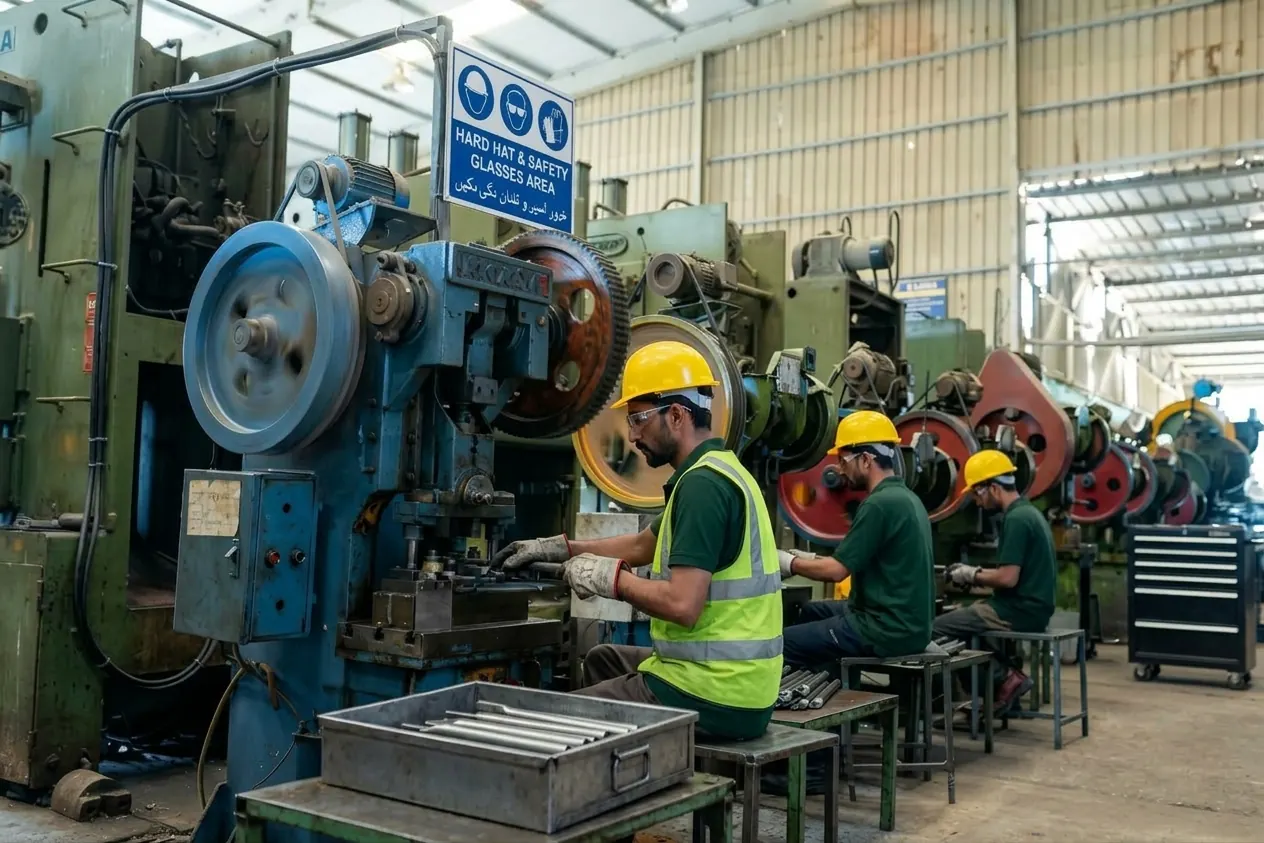 Operators in hard hats, safety glasses and high-visibility vests running a line of mechanical power presses