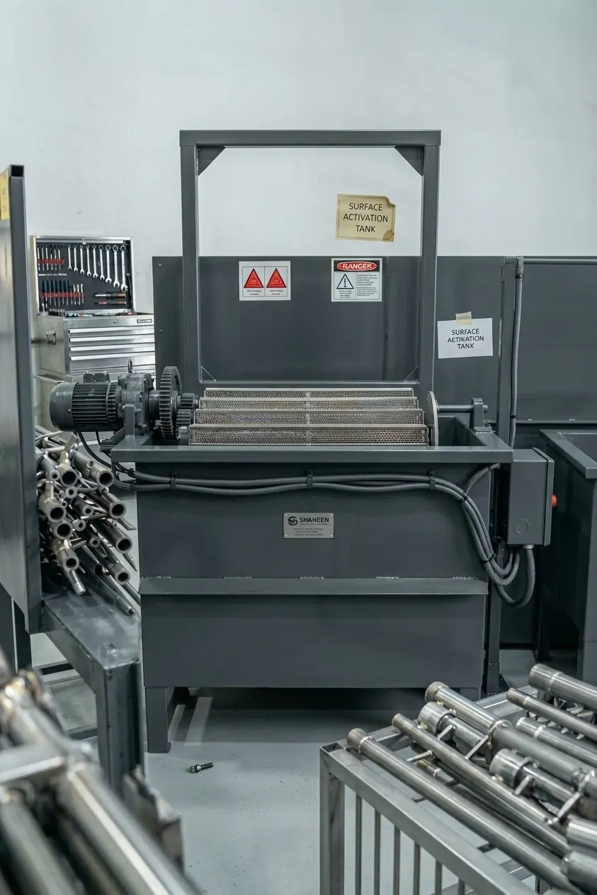 Motor-driven perforated barrels in a Shaheen surface activation tank, with racks of pipe parts in the foreground