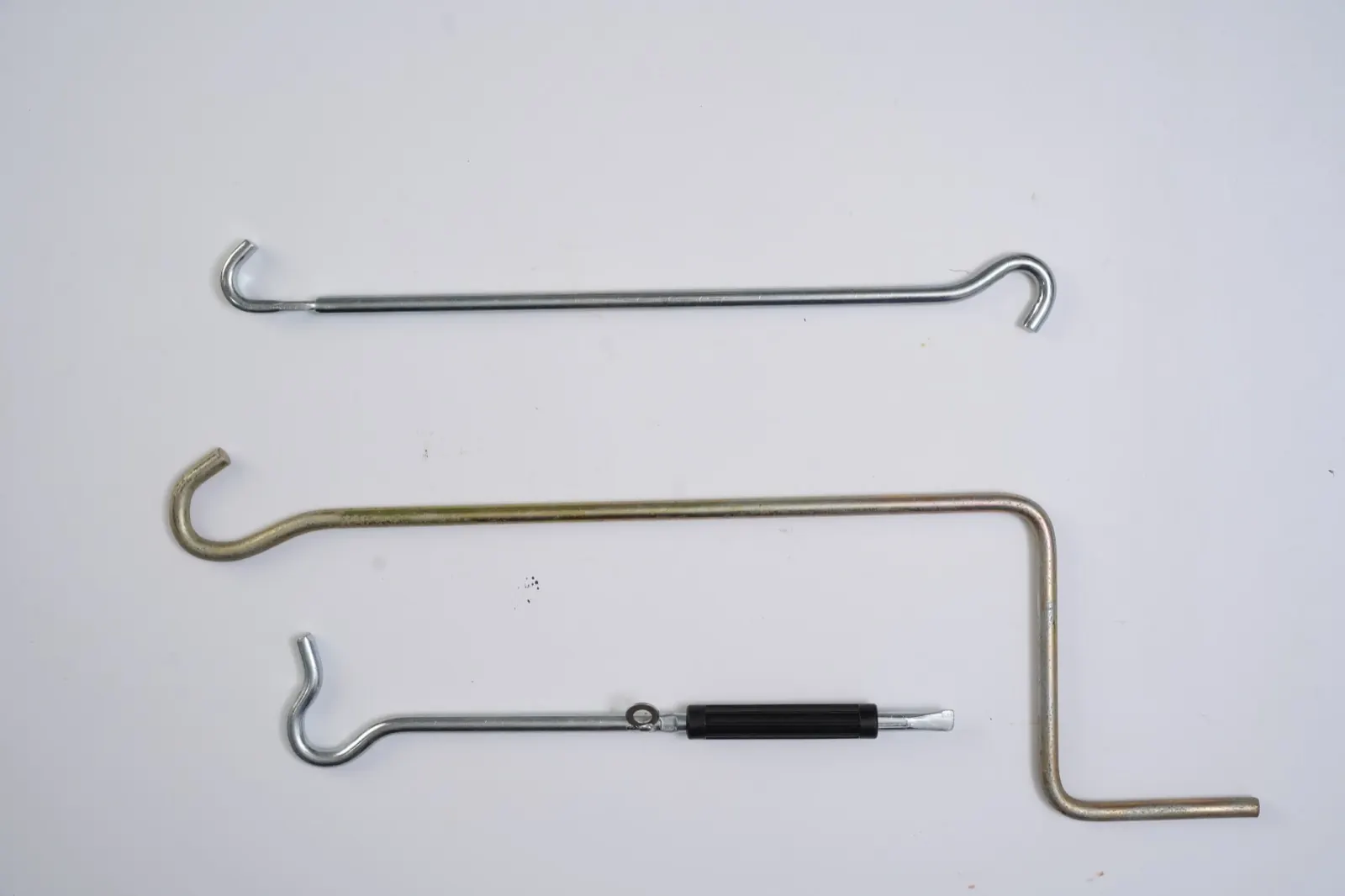 Zinc-plated bent rod hooks and a jack handle with rubber grip